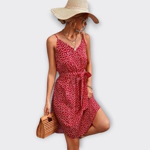 Red White Floral V-Neck Tie Waist Cami Mini Dress Retro Boho Chic Vacation S